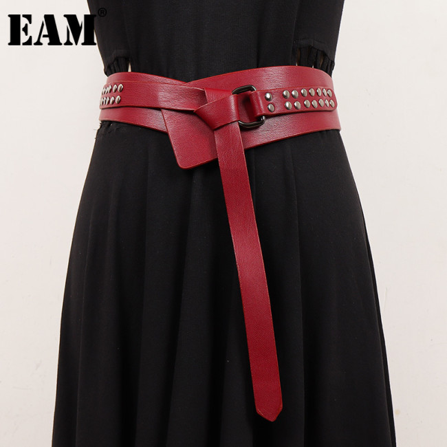 [EAM] Pu Leather Red Rivet Irregular Long Wide Belt Personality Women New Fashion Tide All-match Spring Autumn 2024 1DH7496