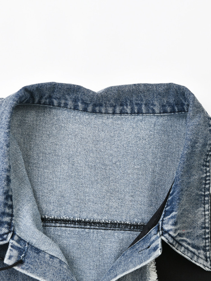 [EAM] Loose Fit Blue Denim Burr Big Size Casual Jacket New Lapel Long Sleeve Women Coat Fashion Tide Spring Autumn  CP2143