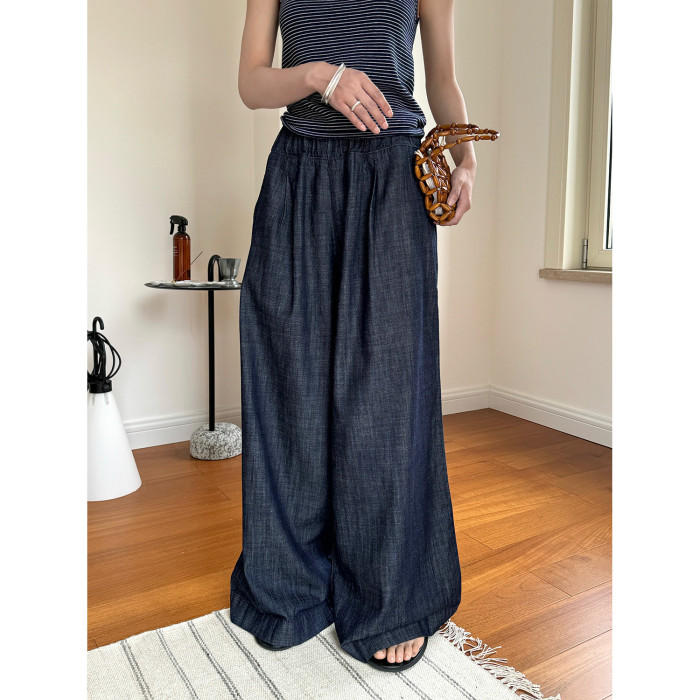 [EAM] High Elastic Waist Denim Blue Long Wide Leg Casual Pants New Trousers Women Fashion Tide Spring Autumn 2024 1DH6031