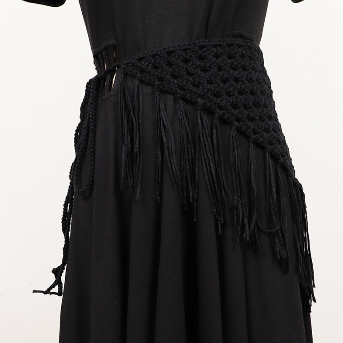 [EAM] Apricot Knitted Tassels Irregular Long Wide Belt Personality Women New Fashion Tide All-match Spring Autumn 2024 1DH7006