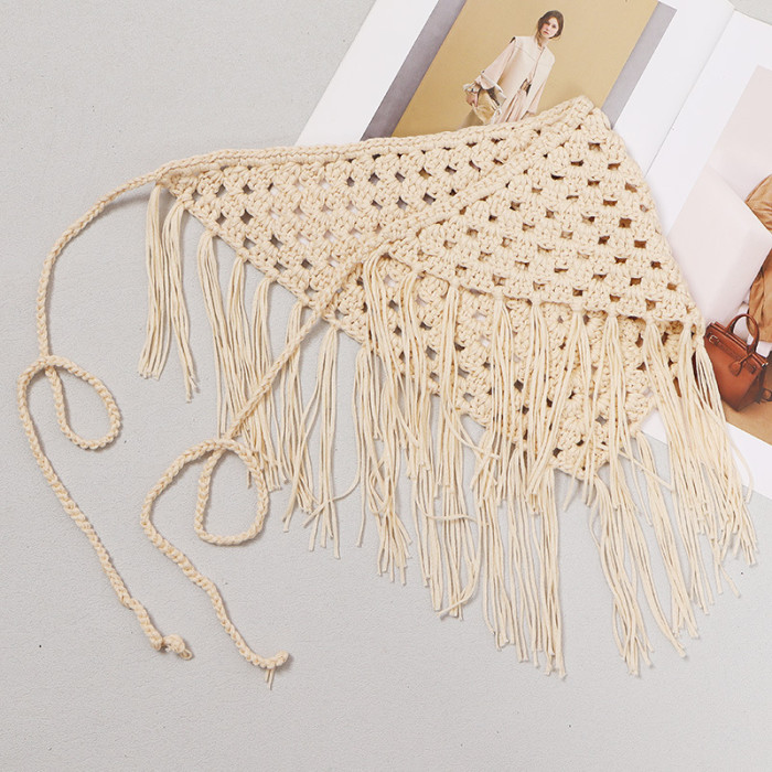 [EAM] Apricot Knitted Tassels Irregular Long Wide Belt Personality Women New Fashion Tide All-match Spring Autumn 2024 1DH7006