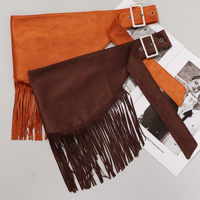 [EAM] Coffee Metal Buckle Tassels Irregular Long Wide Belt Personality Women New Fashion All-match Spring Autumn 2024 1DH7003