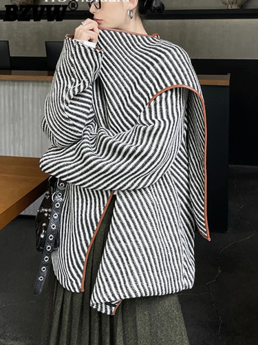 {EAM} Black White Striped Wool Shawl Jacket Women 2024 Autumn Winter Loose Fashion New Designer Woolen Coat Female Trend 25X3317