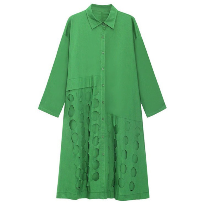 [EAM] Women Black Hollow Out Big Size Midi Shirt Dress New Lapel Long Sleeve Loose Fit Fashion Tide Spring Autumn  1DF6037