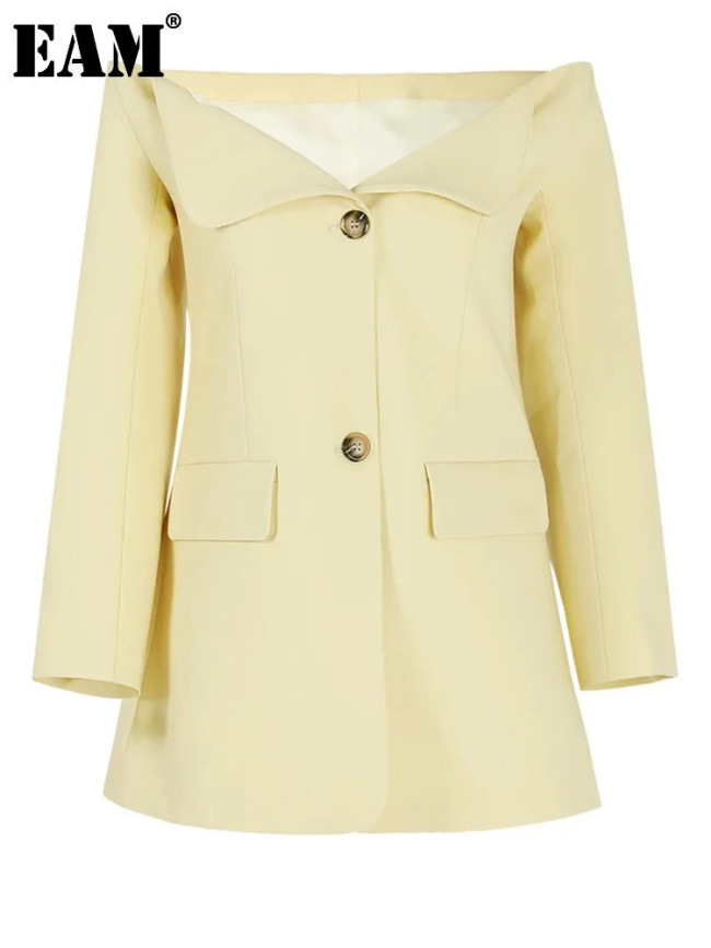 [EAM] Women Yellow Single Breasted Elegant Long Blazer New Slash Neck Long Sleeve Jacket Fashion Tide Spring Autumn 2024 CPDB021
