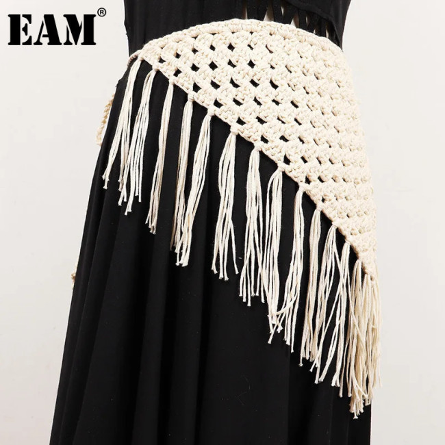 [EAM] Apricot Knitted Tassels Irregular Long Wide Belt Personality Women New Fashion Tide All-match Spring Autumn 2024 1DH7006