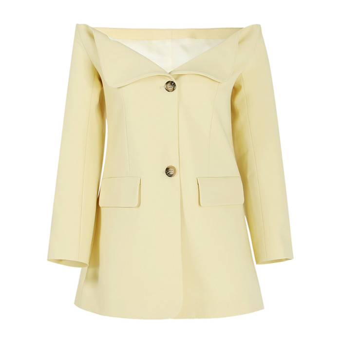 [EAM] Women Yellow Single Breasted Elegant Long Blazer New Slash Neck Long Sleeve Jacket Fashion Tide Spring Autumn 2024 CPDB021