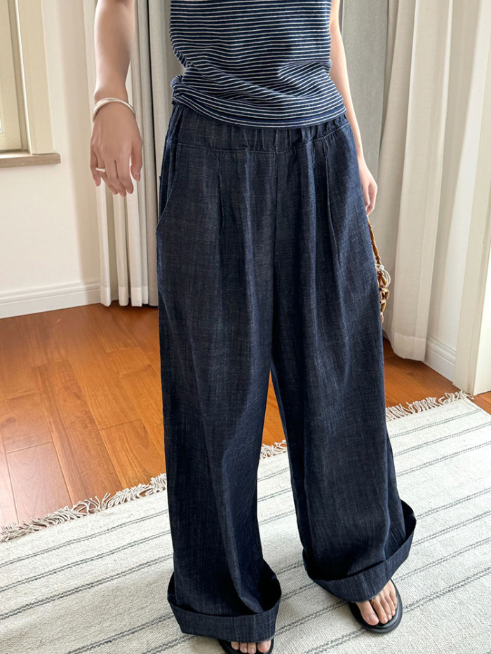 [EAM] High Elastic Waist Denim Blue Long Wide Leg Casual Pants New Trousers Women Fashion Tide Spring Autumn 2024 1DH6031