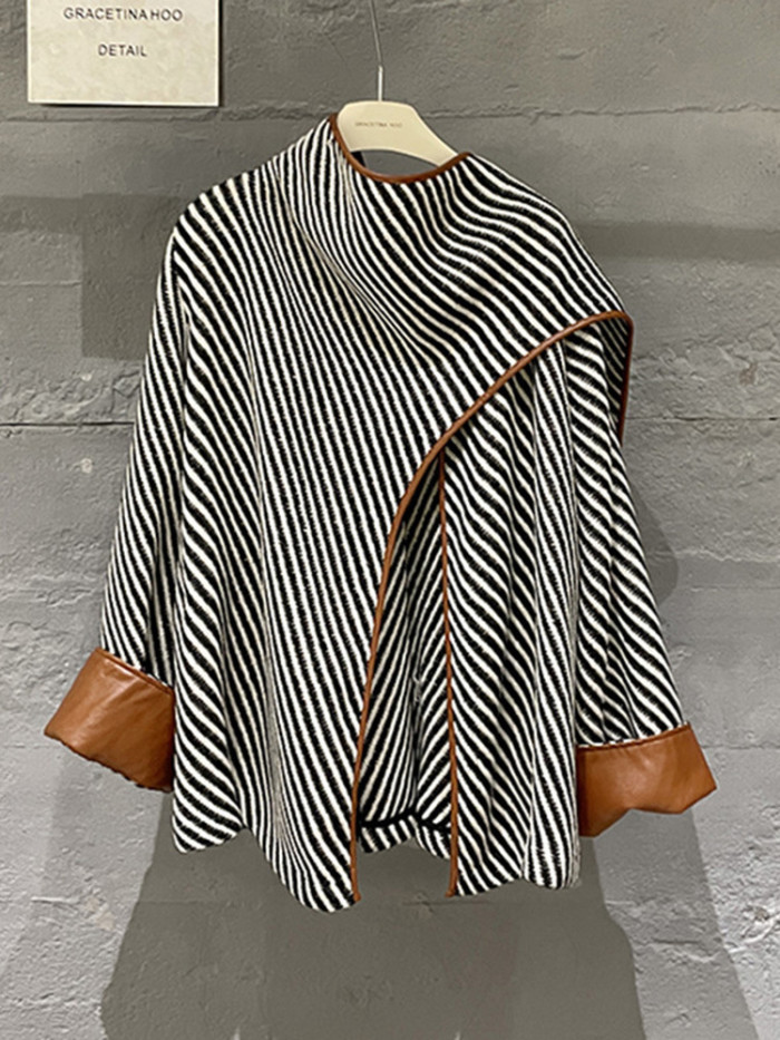{EAM} Black White Striped Wool Shawl Jacket Women 2024 Autumn Winter Loose Fashion New Designer Woolen Coat Female Trend 25X3317