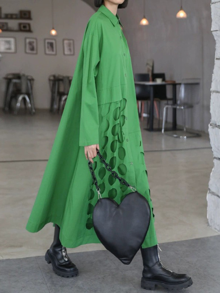 [EAM] Women Black Hollow Out Big Size Midi Shirt Dress New Lapel Long Sleeve Loose Fit Fashion Tide Spring Autumn  1DF6037
