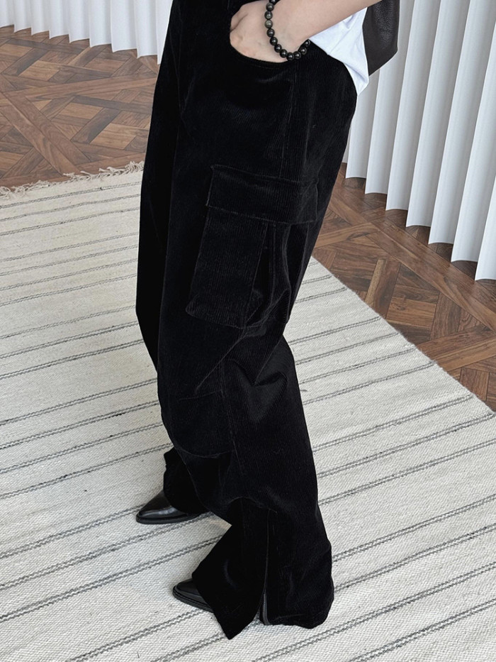 [EAM] High Waist Green Pockets Corduroy Long Vintage Thick Pants New Trousers Women Fashion Tide Autumn Winter 2024 1DH7616