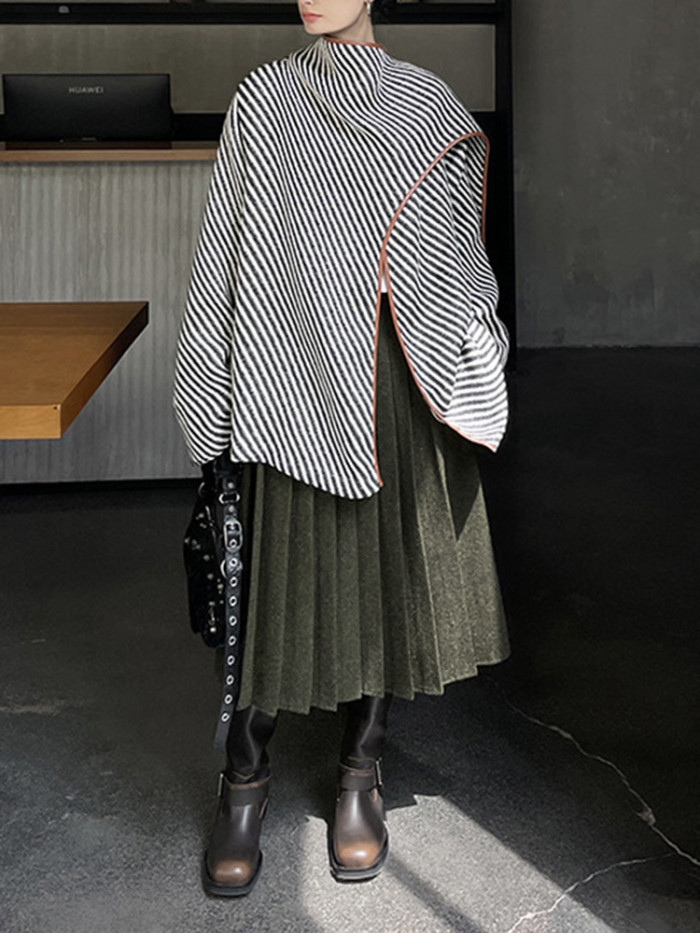 {EAM} Black White Striped Wool Shawl Jacket Women 2024 Autumn Winter Loose Fashion New Designer Woolen Coat Female Trend 25X3317