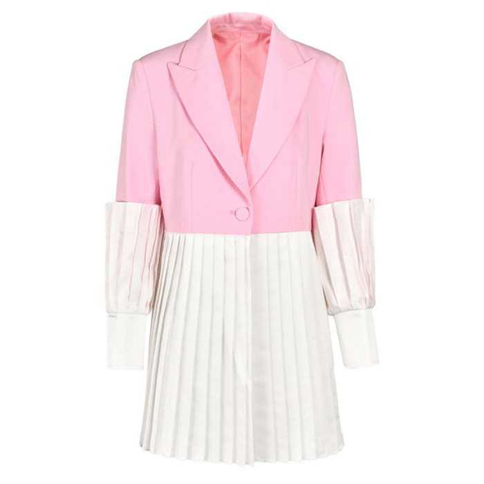 [EAM] Women pink Color Pleated Color-block Blazer New Lapel Long Sleeve Loose Fit Jacket Fashion Tide Spring Autumn 2024 7AB008