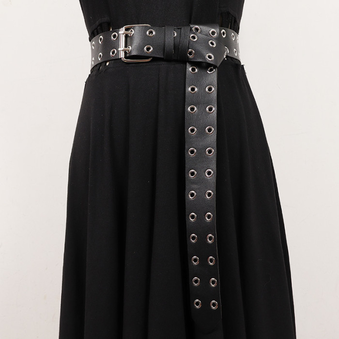 [EAM] Pu Leather Black Hollow Out Long Wide Belt Personality Women New Fashion Tide All-match Spring Autumn 2024 1DH7001