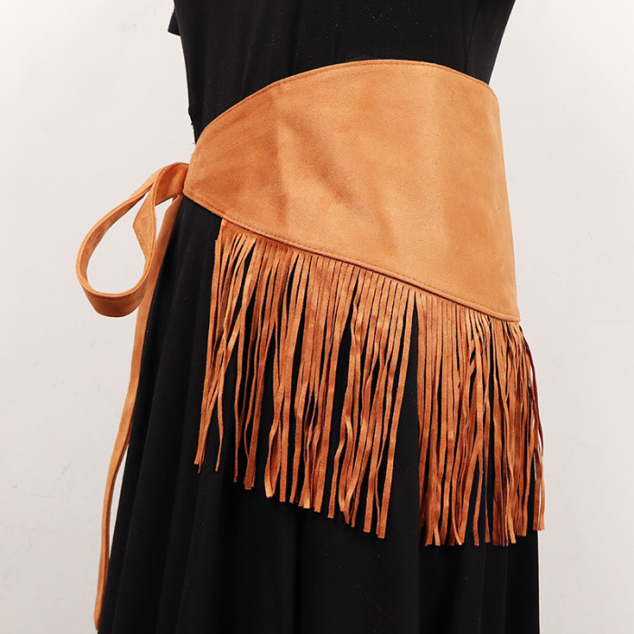 [EAM] Coffee Irregular Tassels Long Wide Badnage Belt Personality Women New Fashion Tide All-match Spring Autumn 2024 1DH7004