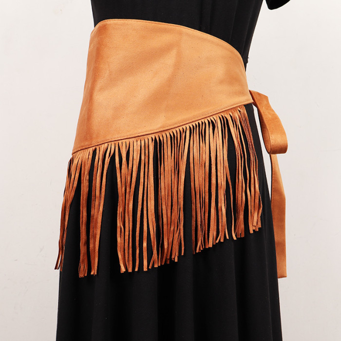 [EAM] Coffee Irregular Tassels Long Wide Badnage Belt Personality Women New Fashion Tide All-match Spring Autumn 2024 1DH7004