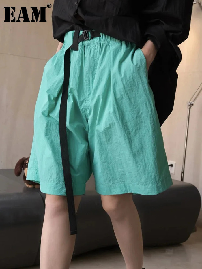 [EAM] High Elastic Waist Green Bukcle Pocket Knee Length Pants New Trousers Women Fashion Tide Spring Summer  1DH6226