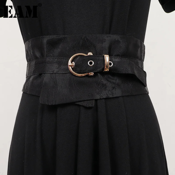 [EAM] Black Metal Buckle Irregular Long Wide Belt Personality Women New Fashion Tide All-match Spring Autumn 2024 1DH7005
