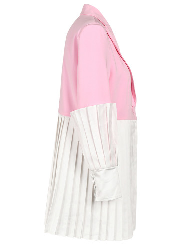 [EAM] Women pink Color Pleated Color-block Blazer New Lapel Long Sleeve Loose Fit Jacket Fashion Tide Spring Autumn 2024 7AB008