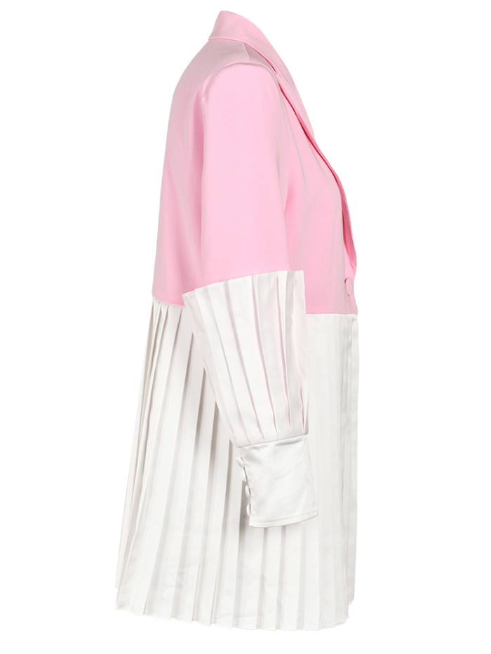 [EAM] Women pink Color Pleated Color-block Blazer New Lapel Long Sleeve Loose Fit Jacket Fashion Tide Spring Autumn 2024 7AB008