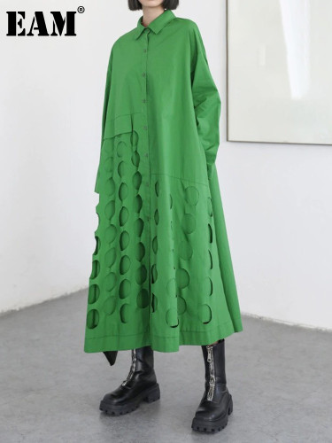 [EAM] Women Black Hollow Out Big Size Midi Shirt Dress New Lapel Long Sleeve Loose Fit Fashion Tide Spring Autumn  1DF6037