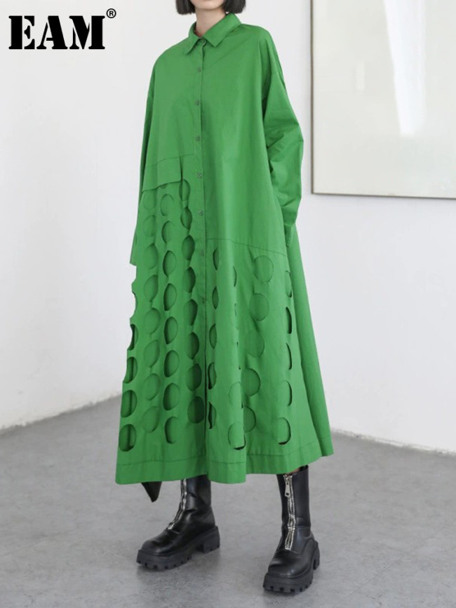 [EAM] Women Black Hollow Out Big Size Midi Shirt Dress New Lapel Long Sleeve Loose Fit Fashion Tide Spring Autumn  1DF6037