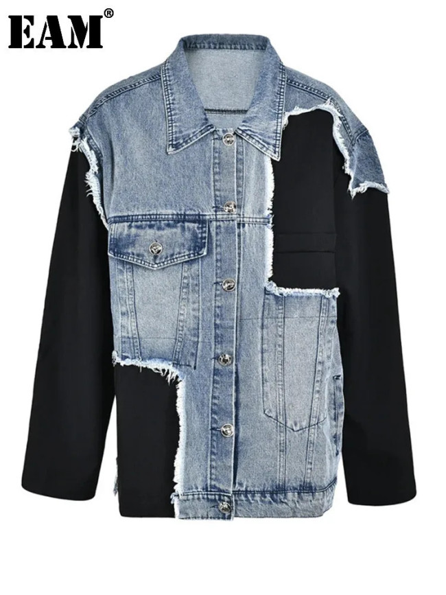 [EAM] Loose Fit Blue Denim Burr Big Size Casual Jacket New Lapel Long Sleeve Women Coat Fashion Tide Spring Autumn  CP2143