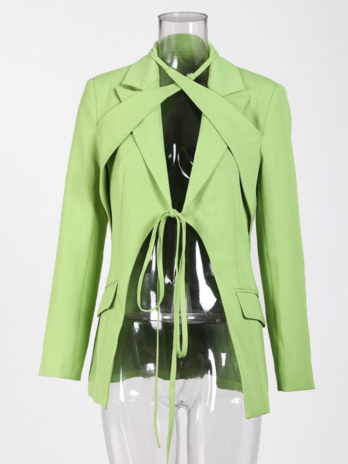 DEAT Fashion Women's Blazer Notched Lace-up Slim Pockets Patchwork Deconstruction Green Suit Jackets Autumn 2024 New Tide CP1984