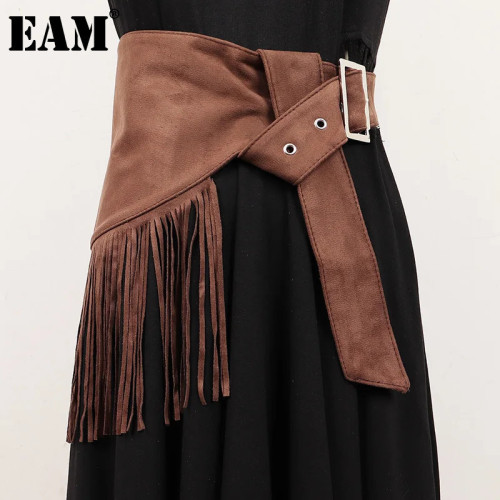 [EAM] Coffee Metal Buckle Tassels Irregular Long Wide Belt Personality Women New Fashion All-match Spring Autumn 2024 1DH7003