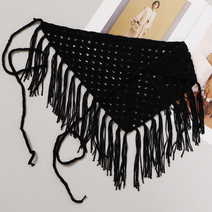 [EAM] Apricot Knitted Tassels Irregular Long Wide Belt Personality Women New Fashion Tide All-match Spring Autumn 2024 1DH7006