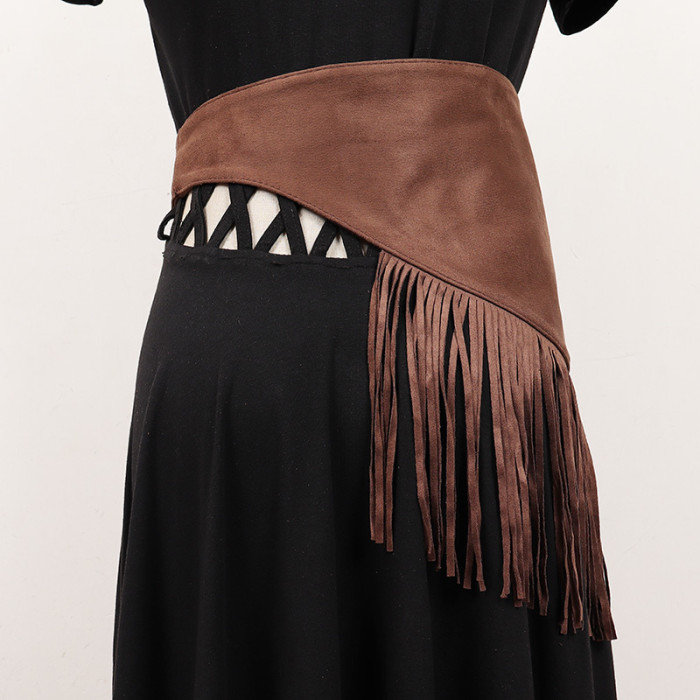 [EAM] Coffee Metal Buckle Tassels Irregular Long Wide Belt Personality Women New Fashion All-match Spring Autumn 2024 1DH7003