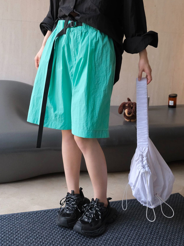 [EAM] High Elastic Waist Green Bukcle Pocket Knee Length Pants New Trousers Women Fashion Tide Spring Summer  1DH6226