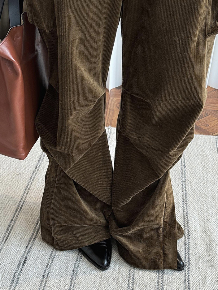 [EAM] High Waist Green Pockets Corduroy Long Vintage Thick Pants New Trousers Women Fashion Tide Autumn Winter 2024 1DH7616