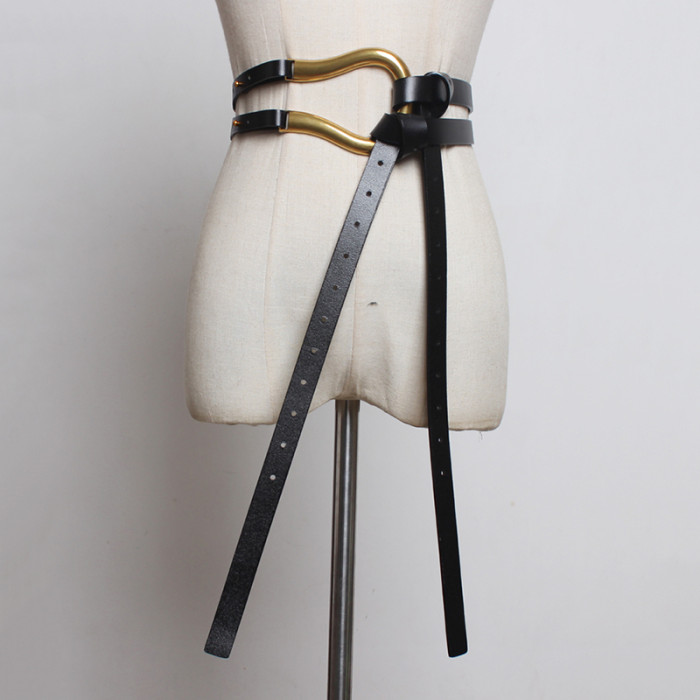 [EAM] Pu Leather Black Buckle Long Irregular Wide Belt Personality Women New Fashion Tide All-match Spring Autumn 2024 1DH6487