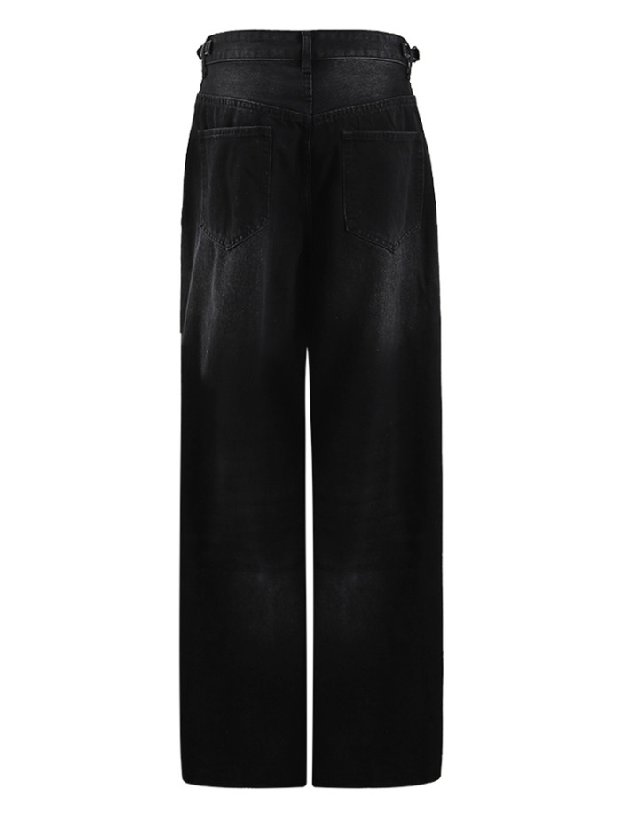 [EAM] High Waist Black Burr Pockets Vintage Casual Wide Leg Jeans New Women Trousers Fashion Tide Spring Autumn 2024 9A8628
