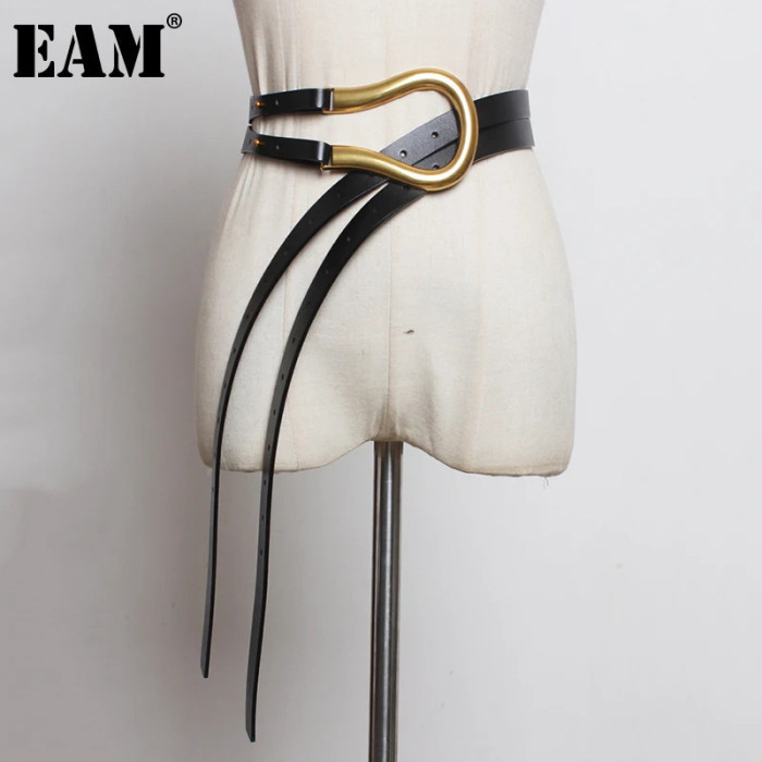 [EAM] Pu Leather Black Buckle Long Irregular Wide Belt Personality Women New Fashion Tide All-match Spring Autumn 2024 1DH6487