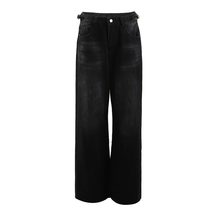 [EAM] High Waist Black Burr Pockets Vintage Casual Wide Leg Jeans New Women Trousers Fashion Tide Spring Autumn 2024 9A8628