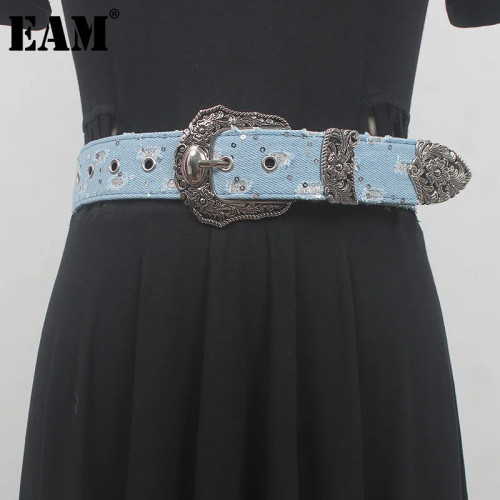 [EAM] Pu Leather Blue Denim Burr Vintage Long Belt Personality Women New Fashion Tide All-match Spring Autumn 2024 1DH6637