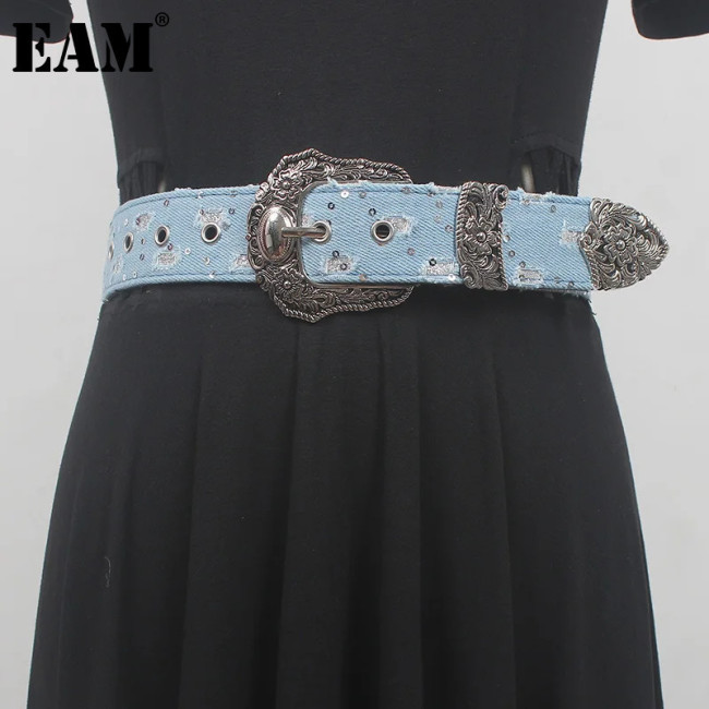 [EAM] Pu Leather Blue Denim Burr Vintage Long Belt Personality Women New Fashion Tide All-match Spring Autumn 2024 1DH6637