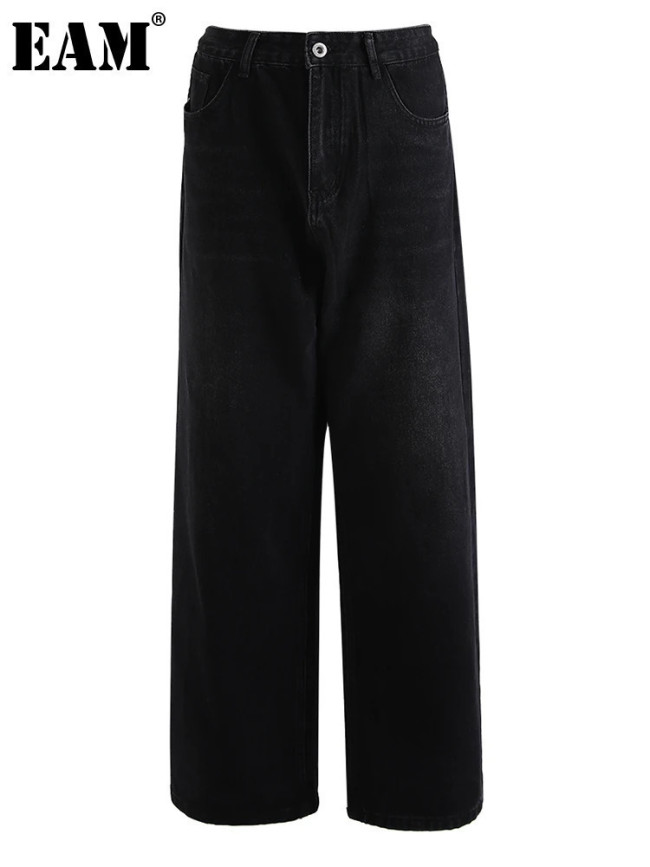 [EAM] High Waist Dark Gray Pocket Buckle Casual Wide Leg Jeans New Women Trousers Fashion Tide Spring Autumn 2024 9A5577