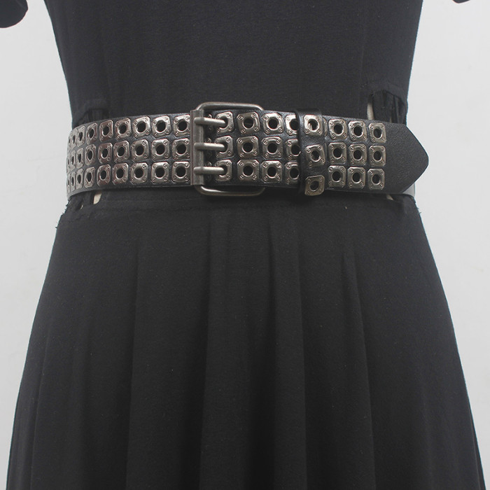 [EAM] Pu Leather Black Rievt Thick Long Wide Vintage Belt Personality Women New Fashion All-match Spring Autumn 2024 1DH6357