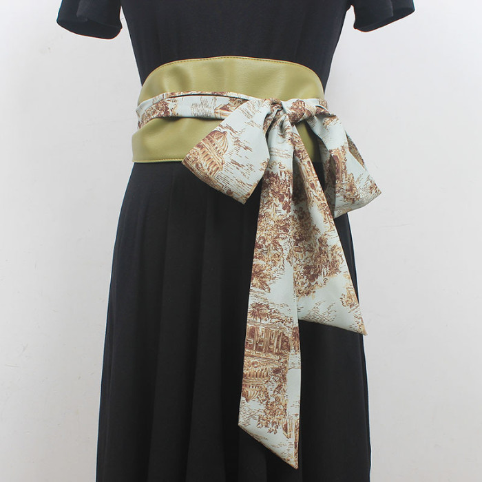 [EAM] Pu Leather Black Printed Bandage Long Wide Belt Personality Women New Fashion Tide All-match Spring Autumn 2024 1DH6363