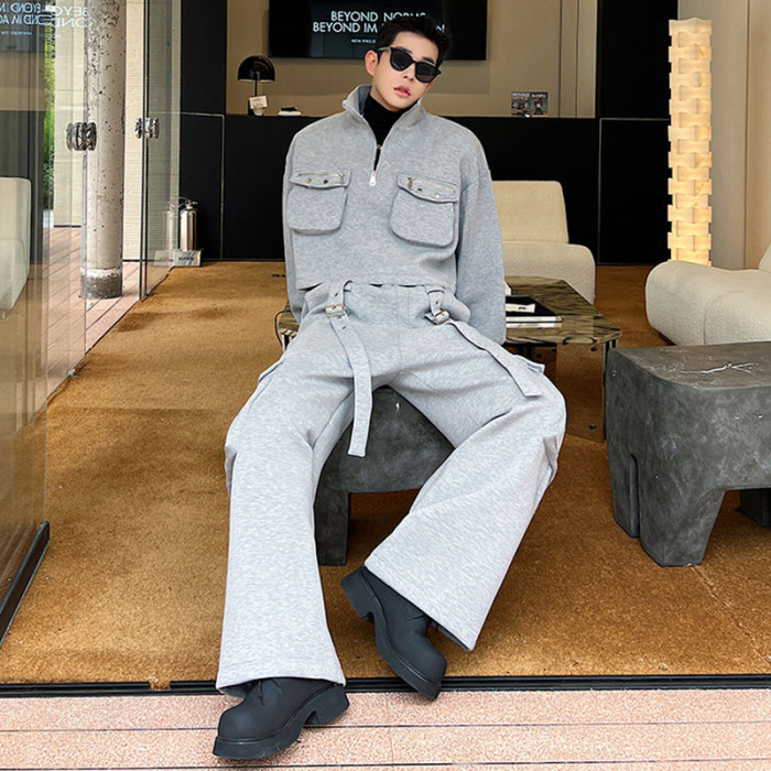 {EAM} Street Men's Stylish Two Piece Set High Quality Pockets Splicing Design Tops Casual Cargo Pants Clothes Loose  DLZ048