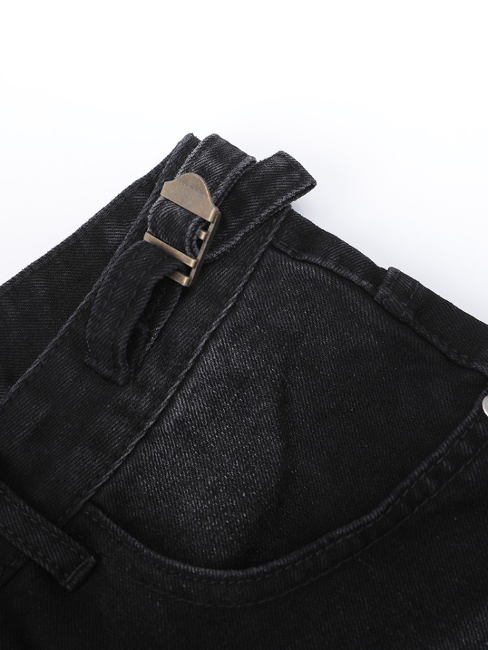 [EAM] High Waist Black Burr Pockets Vintage Casual Wide Leg Jeans New Women Trousers Fashion Tide Spring Autumn 2024 9A8628