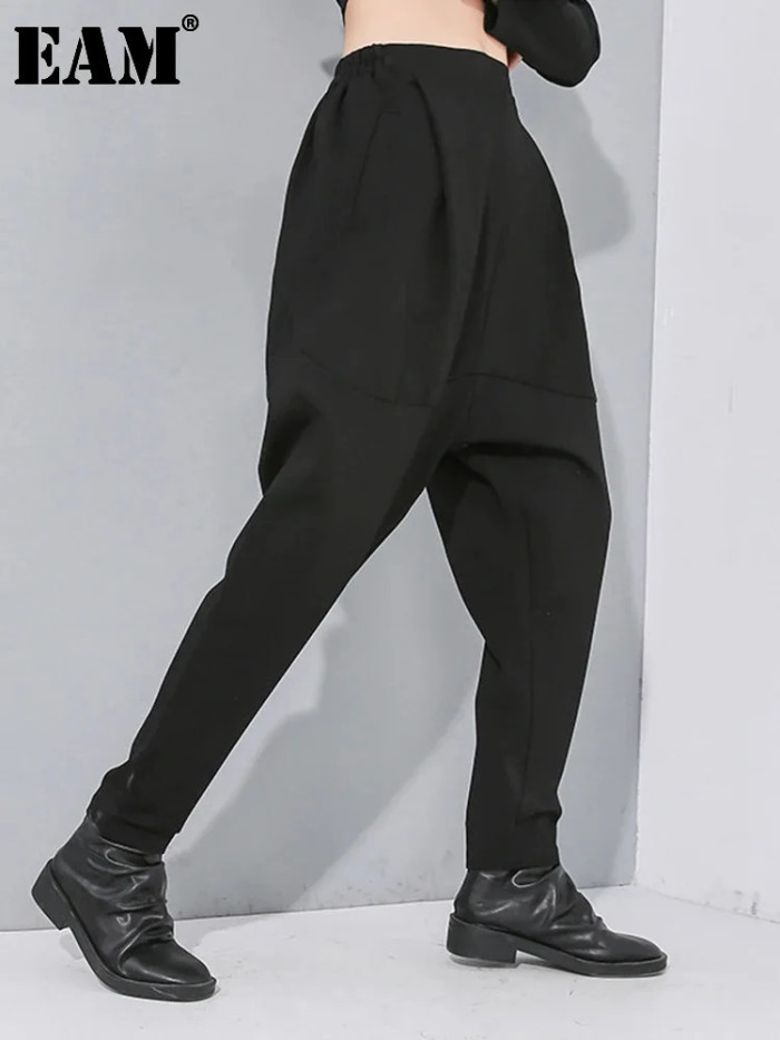 [EAM] High Elastic Waist Black Leisure Long Harem Trousers New Loose Fit Pants Women Fashion Tide Spring Autumn  1N479