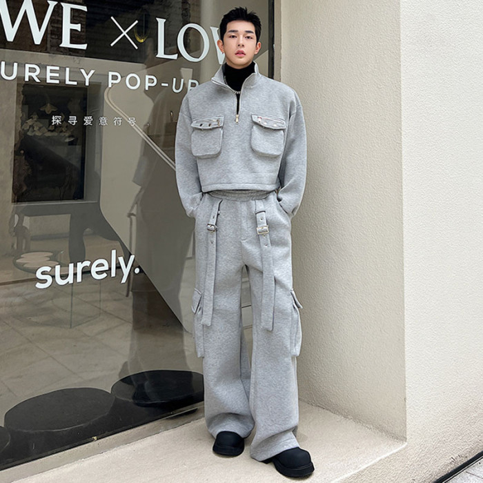 {EAM} Street Men's Stylish Two Piece Set High Quality Pockets Splicing Design Tops Casual Cargo Pants Clothes Loose  DLZ048