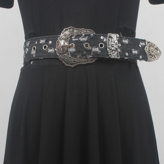 [EAM] Pu Leather Blue Denim Burr Vintage Long Belt Personality Women New Fashion Tide All-match Spring Autumn 2024 1DH6637