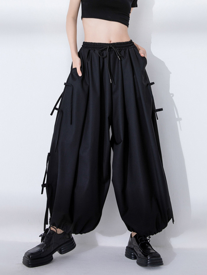 EAM High Elastic Waist Black BANDAGE Wide Leg Pants New Loose Fit Trousers Women Fashion Tide Spring Autumn 2024 31A0010