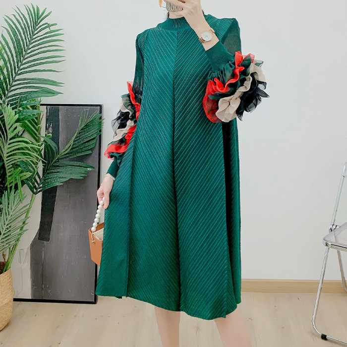 LANMREM Fashion Designer Pleated Dress Women Loose Contrast Color Sleeves Patchwork Design Mid Length Dresses 2024 New 2AA4368