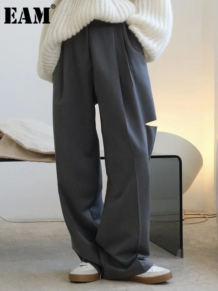 [EAM] High Waist Black Hollow Out PleatedCasual Pants New Loose Fit Trousers Women Fashion Tide Spring Autumn 2024 1DF4461